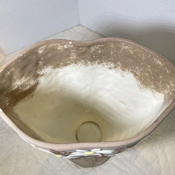 Handcrafted Ceramic Vase With Embossed White Daisies & Brown Leaves By A. Paquet - Picture 8 of 11